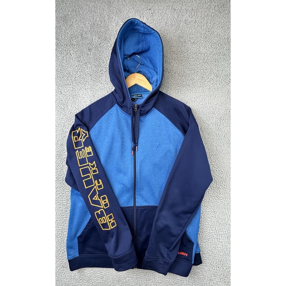 Bauer Hockey Hoodie Mens XL Blue Full Zip Sweatshirt Sleeve Spell Out